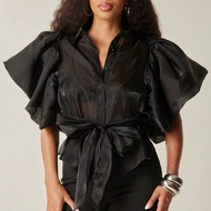 Puff Sleeve Button Up Sheer Top With Belt, Business Casual Woman, Boho, Spring Outfits, Summer Outfi