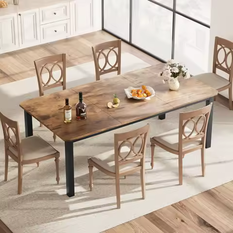 Industrial Dining Table for 6-8 People, 78.7 in Long Wooden Kitchen Table with Sturdy Metal Frame, S