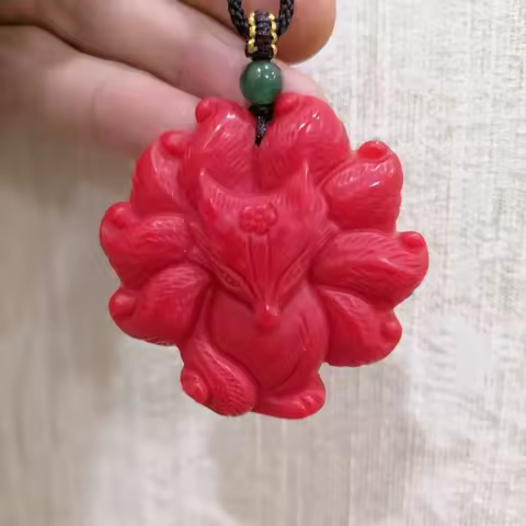 Red Handcarved Nine Tailed Fox Jade Pendant Fashion Boutique Jewelry Men's and Women's Fox Necklace 