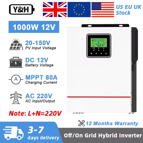 Y&H 1000W Hybrid Solar inverter 12VDC 220VAC Pure Sine Wave Hybrid inverter MPPT 80A Solar Charge Co