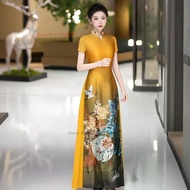 Vietnam Traditional Aodai Dress Women Flower Print Oriental Party Banquet Evening Cheongsam