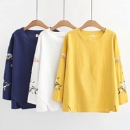 【M-4XL】Plus Size Blouse Embroidered Women's White Top Wanita Kemeja Cotton Retro Long-sleeved New T-