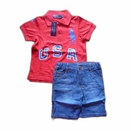 Setelan Polo USA Red Celana Jeans Pendek