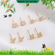 💖DIY charms💖925Silver Needle Inlaid Zirconium Ear Studs Color Retention14KBag Golden Butterfly Four-Leaf Clover Cross with Rings Auricular NeedlediyEarrings[Earrings Gold earrings Gold charm DIY earrings accessories]