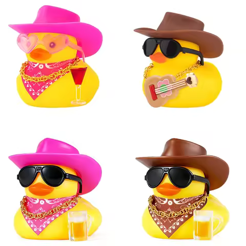 Brown Cowboy Rubber Duck with Sunglasses, Necklace, Beer Glass & Tape - Premium PVC Dashboard Decor,