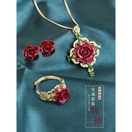 Raw Ore Cinnabar Necklace Purple Gold Sand Rose Earrings S935 Silver Ring Inlaid Women's Flower Thre
