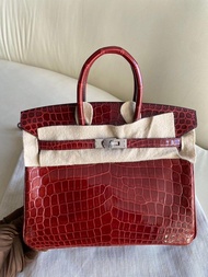 Birkin 25 波爾多紅 銀扣 亮面鱷魚 X stamp