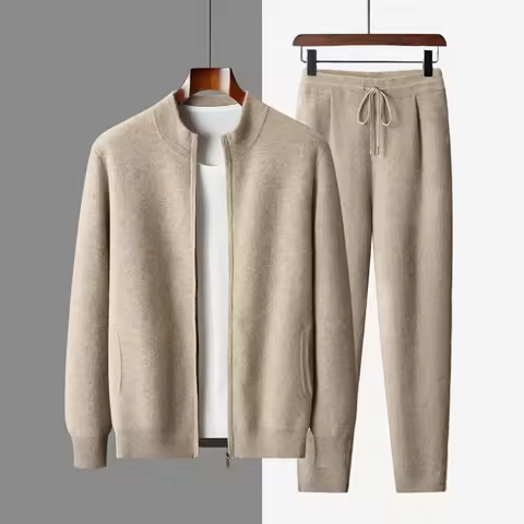 ANGEL 2025 Mens' 100% Cashmere Set Zipper Cardigan Pencil Pants Thick Cashmere Knit Sweater Autumn W