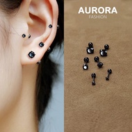 AURORA Real 925 Silver Unisex Black Shiny Zircon Stud Earrings Jewelry M05996