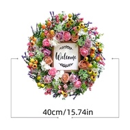 40cm Spring Summer Wreath Front Door Artificial Flower Wreath with Welcome Sign Wall Window Greenery