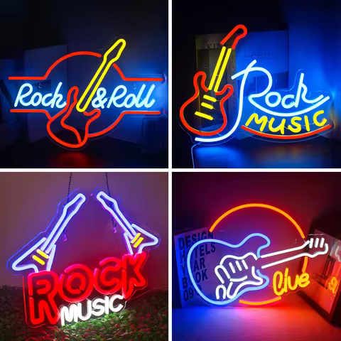 Rock Roll Neon Signs Guitar Music Led Neon Light Art Wall Decor for Game Room Music Party Rock Studi