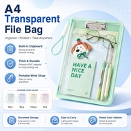 A4 Transparent File Bag With Clipboard Beg Fail Lutsinar Portable Wrist Strap Student School Station