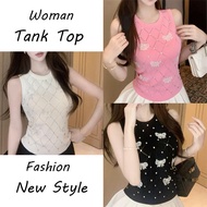 Woman Bow Rhinestone Knitted Tank Top - Casual Crew Neck Thermal Vest for Women | Summer Crop Top |