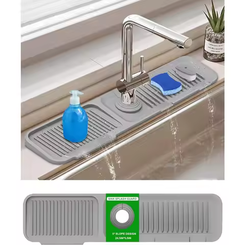 Splash Guard, 5°Slope Draining Mat for Kitchen Sink,,Silicone Sink Faucet Mat Splash Guard, Water Sp