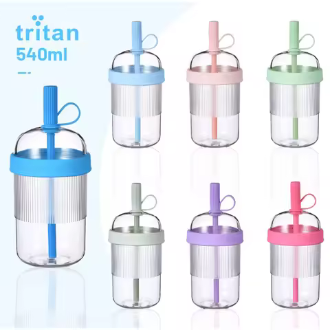 Tritan Reusable Coffee Cup With Lid And Straw 18oz Large Capacity Cold Drink Straw Cup Portable Seal