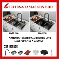 ITTO Nanotech Silver Black Nano Coating Single Bowl Waterfall Sink with Waste and Basket