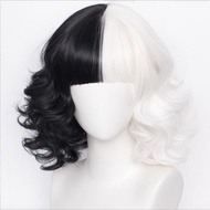 European American Fashion Ladies cos Wig Black White Witch Cruella Cruella Short Curly Hair One Piec