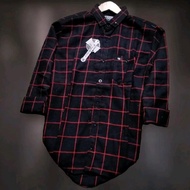 KEMEJA FLANEL JUMBo hitam garis merah m-l-xl-xxl-xxxl-xxxxl lengan pajang pria wanita halus adem pri