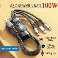 100W 3-Head Fast Charging Cable, 1.2m Long, 3-in-1 Anti-Tangle, Anti-Breakage Charging Cord. 2-port 