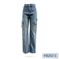 กางเกงผู้หญิง ทรงกระบอก Niyom jeans นิยมยีนส์ แต่งกระเป๋า  ผ้าไม่ยืด   สียีนส์ รุ่น B263-1