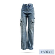 กางเกงผู้หญิง ทรงกระบอก Niyom jeans นิยมยีนส์ แต่งกระเป๋า ผ้าไม่ยืด สียีนส์ รุ่น B263-1
