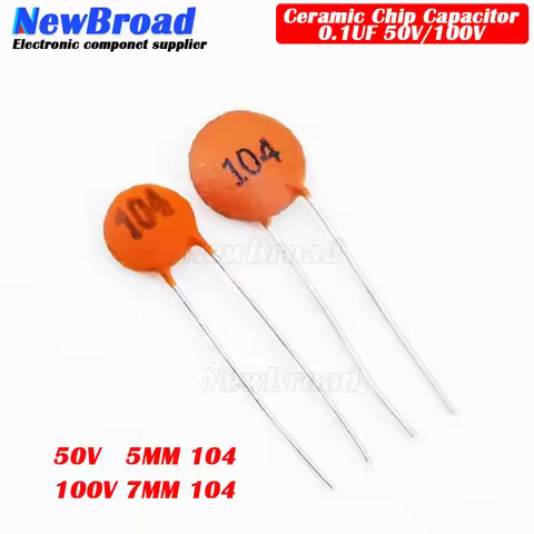 100PCS 50V 100V 104P 104PF In-line Ceramic Chip Capacitor F5MM F7MM Diameter P5 Ceramic Dielectric 0