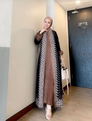 baju gamis batik wanita terbaru kombinasi polos jumbo modern kekinian - modang coklat m