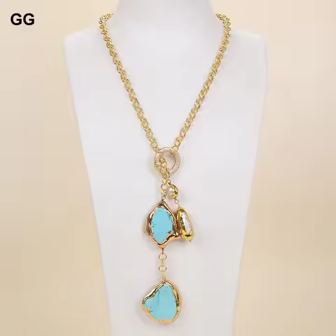 GG 27" Natural White Biwa Pearl BlueTurquoise Gold Edge Plated Lariat Chain Necklace Pendant