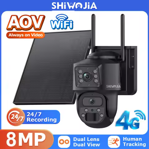 SHIWOJIA 7/24 Recording Solar Battery Camera 4G 8MP WiFi AOV Dual Lens Security IP Camera 10500mAh B
