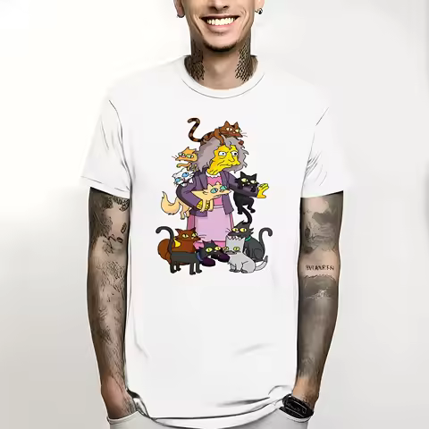 Tshirt Black Streetwear Cartoon Casual Short Sleeve T Shirt The Simpsons M Crazy Cat Lady Eleanor Ab