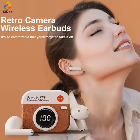 Q86 Retro Camera Wireless Earbuds Semi-In-Ear Earphones with Screen Digital Display and Gaming Low L