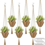 Xuhal 6 Pcs Macrame Plant Hanger Boho Hanging Planter Jute Rope Crochet Hanging Plant Holder Large Fence Hanging Plant Basket Flower Pot with Legs and S Shaped Hooks for Indoor Outdoor Wall Home