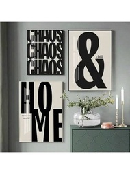 3入組現代黑色和米色時尚字母畫布畫，客廳和臥室的牆藝裝飾品，無框