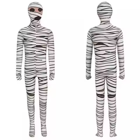 Mens Adult Mummy 3D Printed Jumpsuit with Headgear Kids Horror Cosplay Ancient Egypt Halloween Costu