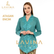 HIJAU Lavina - Modern Embroidered Encim Kebaya, Traditional Betawi Batik, Turkish Tosca, Moss Green,