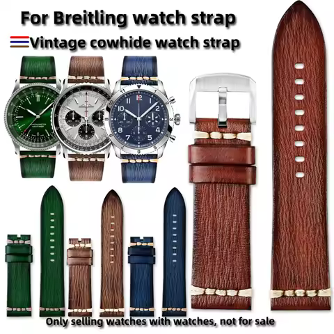 22MM 24MM Men's Retro Watch For BREITLING Aviation Timing Super Ocean Culture Avenger Green Leatherb