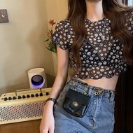 FLASH DEALS 99 Sexy Top Thin Micro-Transparent Mesh T-Shirt Women's Daisy Short-Sleeved Floral Short Slim-Fit Umbilical Top