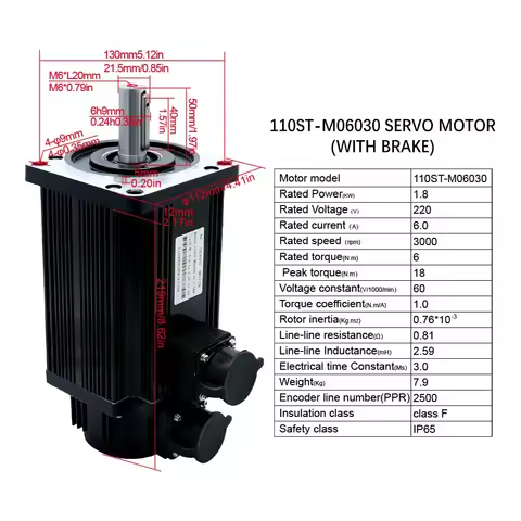 1.8KW 220VAC 6N.m 3000Rpm 110 Servo Motor 110ST-M06030 857ozin 6A with Hybrid Servo Drive T3M T3L RS