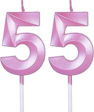 Pink 55th Birthday Candles for Cakes, Number 55 Glitter Candle Cake Topper for Party Anniversary Wed