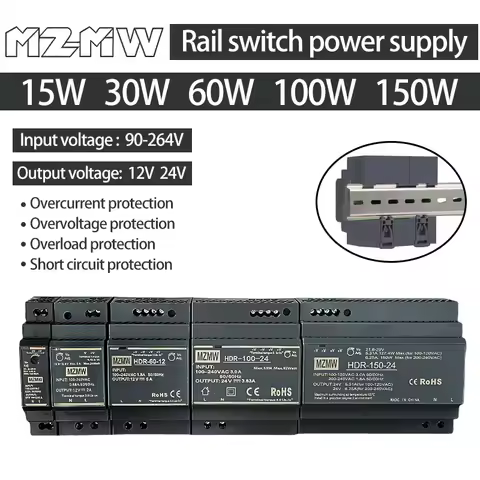 DIN Rail Switching Power Supply HDR Series 15W 30W 60W 100W 150W 12V 24V LED Lighting Driver Industr