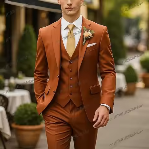 Hot Sale Formal Dark Orange Men Suit Groom Groomsman Wedding Party Prom Business Male Tuxedos 3 Piec