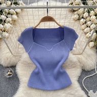Áo Thun Ngắn Tay Dệt Kim Màu Trơn Sang Trọng Dành Cho Nữ Vuông Cổ Áo Thon Gọn Hiệu Ứng Xu Hướng Thời