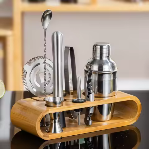 350ml 550ml 750ml Stainless Steel Cocktail Shaker Cup Bartender Tool Set With Bamboo Base