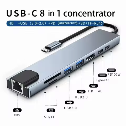 8In1 7In2 7In1 USB C Hub with 4K HDMI RJ45 SD/TF Card Reader PD Fast Charge Type C Adapter
