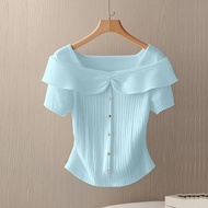Summer French Style Women's Square Neck Short Sleeve T-Shirt Fashion Retro Slim Fit Knitted Short Sl