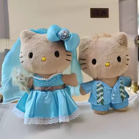 Kawaii Hello Kitty Wedding Couple Plush Toys Blue Dress Hawaii Style Stuffed Dolls Perfect Wedding D