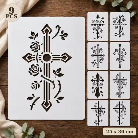 9PCS 9.8x11.8 Inch Cross Rose Stencils Set Floral Painting Templates for Wall Sign Canvas Craft DIY 