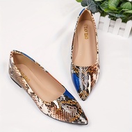Women's Snakeskin Pattern Flat Shoes, Elegant Point Toe Slip On Shoes, Lightweight & Comfortable Wom