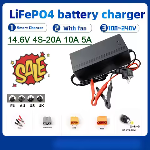 14.6V 5A 10A 20A LiFePO4 Battery Smart Charger AC100-240V With Fan For4S 12v 8S 24v Lithium iron Cel