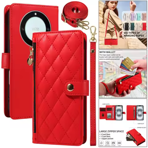 Lanyard Leather Zipper Flip Purse Phone Case For HuaWei Honor 400 Pro 200 Lite X70i X50 X50i X40 X30